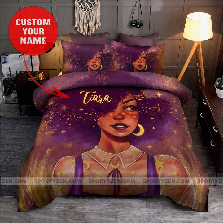 African Black Dreamy Star Girl Custom Name Duvet Cover Bedding Set