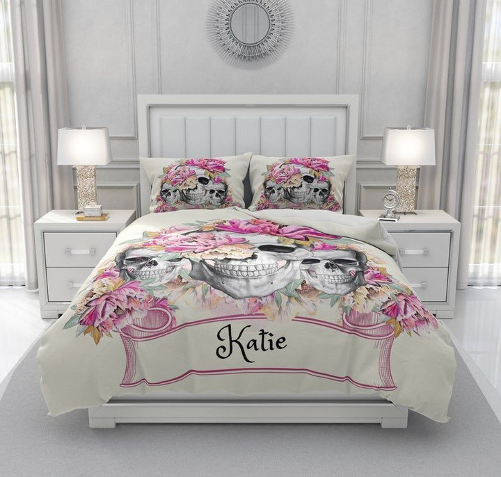 Personalized Skull Flower Custom Name Cotton Bed Sheets Spread Comforter Duvet Cover Bedding Sets