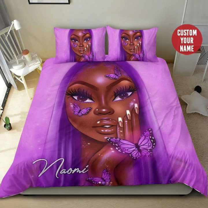 Personalized Black Girl Aesthetic Purple Butterfly Cotton Bed Sheets Spread Comforter Duvet Cover Bedding Sets Perfect Gifts For Daughter Girlfriend Wife
