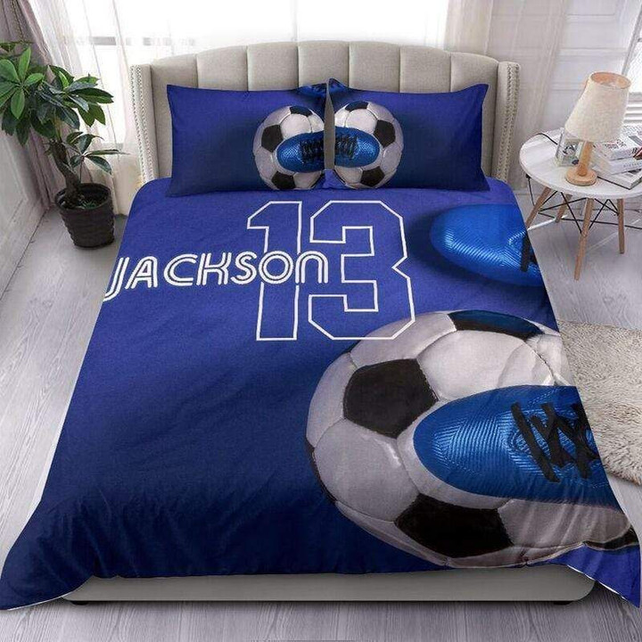 Personalized Soccer Blue Shoe And Ball Cotton Bed Sheets Spread Comforter Duvet Cover Bedding Sets Perfect Gifts For Soccer Lover