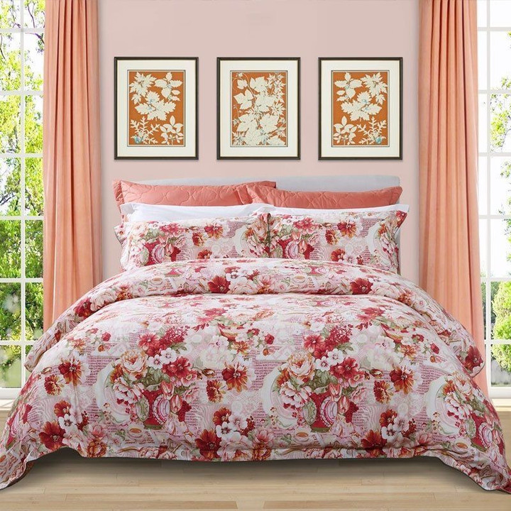 Beautiful Red Pink White And Green Garden Floral Print Bright Colorful French Country Bedding Set Iy