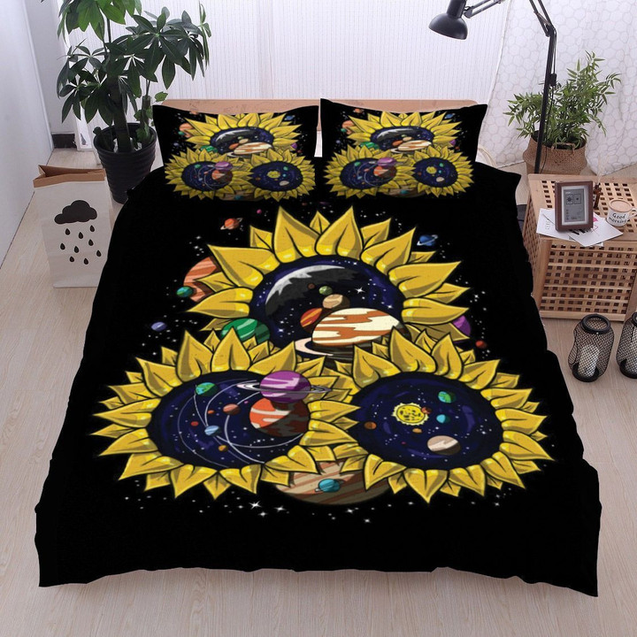 3D Sunflowers On The Sapce Cotton Bed Sheets Spread Comforter Duvet Cover Bedding Sets