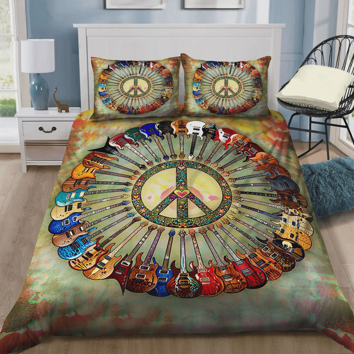 Peace Symbol With Hippie Guitars Surrounded Cotton Bed Sheets Spread Comforter Duvet Cover Bedding Sets