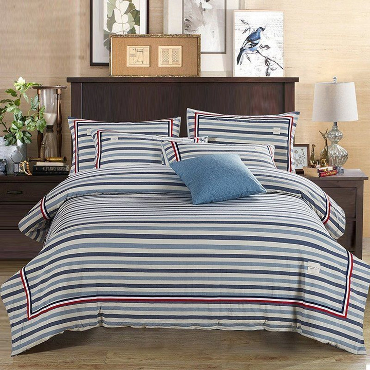 White Red And Gray Pinstripe Print Vintage Bedding Set Iy