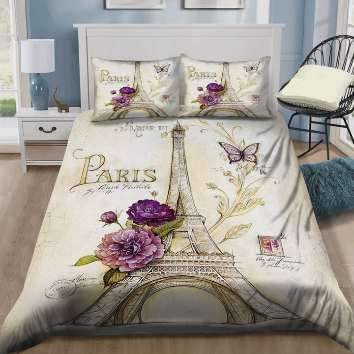 Eiffel Tower With Flower In Paris Cotton Bed Sheets Spread Comforter Duvet Cover Bedding Sets