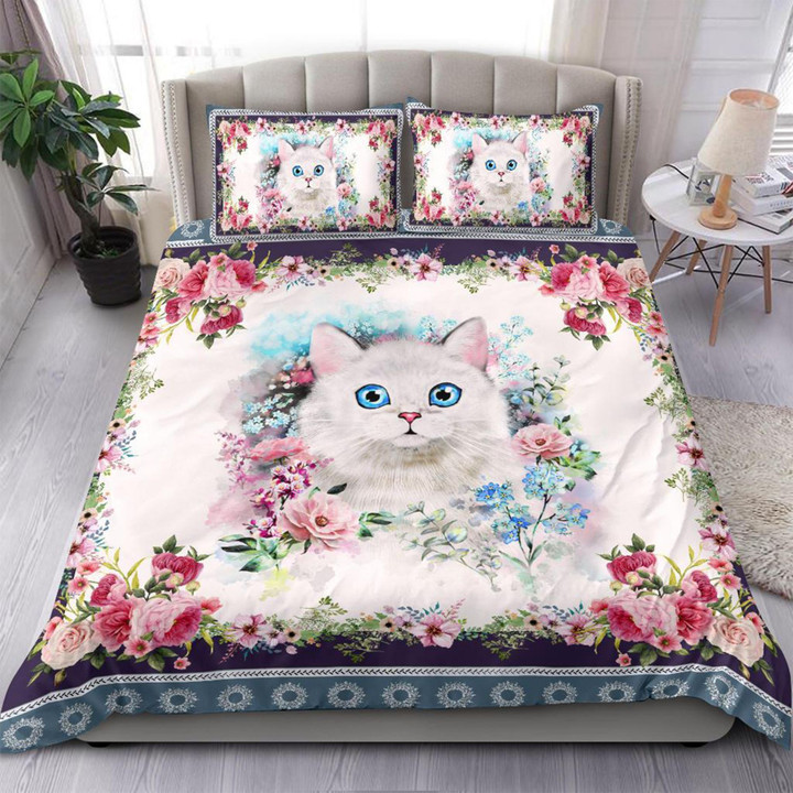 3D Beautiful White Cat On The Flower Cotton Bed Sheets Spread Comforter Duvet Cover Bedding Sets