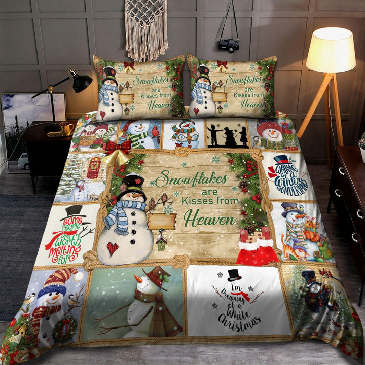3D Snowman Christmas Snowflakes Are Kisses From Heaven Cotton Bed Sheets Spread Comforter Duvet Cover Bedding Sets