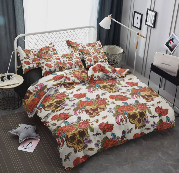Skull Roses Cotton Bed Sheets Spread Comforter Duvet Cover Bedding Sets