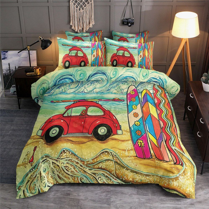 Car And Surf On The Beach Cotton Bed Sheets Spread Comforter Duvet Cover Bedding Sets