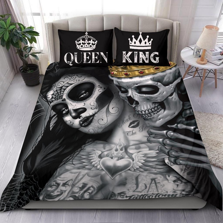 Skull King And Queen Cotton Bed Sheets Spread Comforter Duvet Cover Bedding Sets