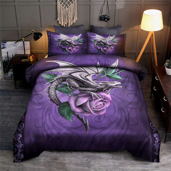 Dragon Flower Purple Rose Cotton Bed Sheets Spread Comforter Duvet Cover Bedding Sets Perfect Gifts For Dragon Lover Gifts For Birthday Christmas Thanksgiving