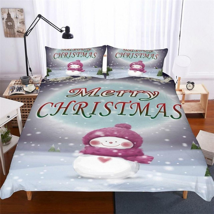 Merry Christmas Cute Snowman Cotton Bed Sheets Spread Comforter Duvet Cover Bedding Sets