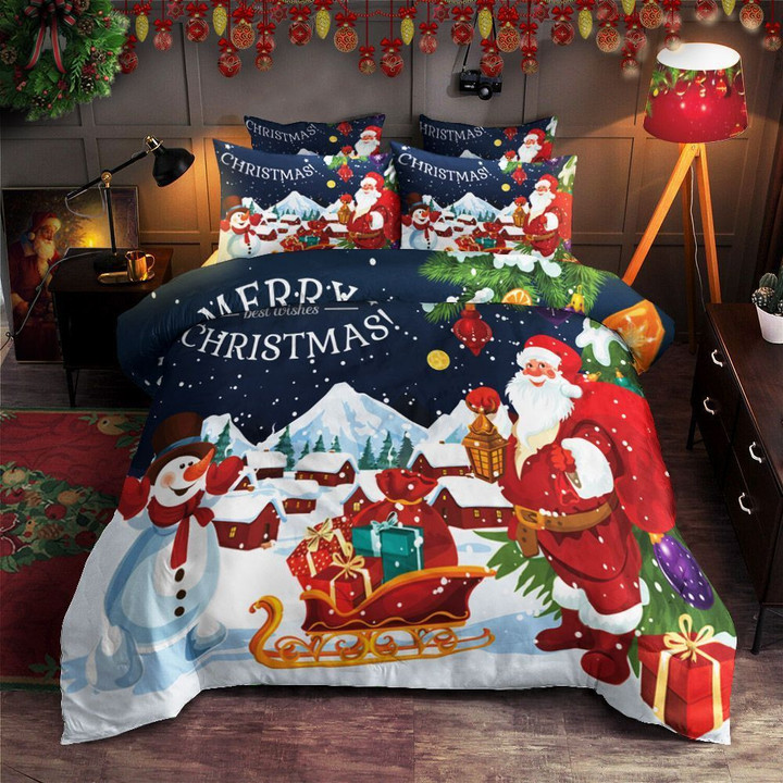 Santa Claus Snowman Merry Christmas Best Wishes Cotton Bed Sheets Spread Comforter Duvet Cover Bedding Sets Perfect Gifts For Santa Claus Lover Gifts For Birthday Christmas Thanksgiving