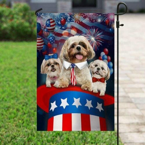Three Dogs Shih Tzu Patriotic Hat Garden Decor Flag | Denier Polyester | Weather Resistant | GF1290