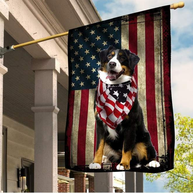 Bernese Mountain Dog 4th Of July House Flag | Flax Polyester | Waterproof | Machine Washable | HF2500