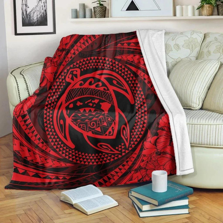 FamilyGater Blanket - Hawaiian Kanaka Honu Hibiscus Tornando Polynesian Red Premium Blankets - AH - JRC