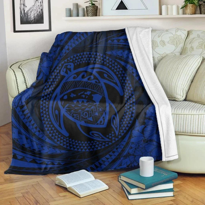 FamilyGater Blanket - Hawaiian Kanaka Honu Hibiscus Tornando Polynesian Blue Premium Blankets - AH - JRC
