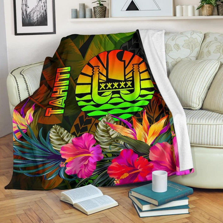 FamilyGater Blanket - Tahiti Polynesian Premium Blanket - Hibiscus and Banana Leaves - BN15