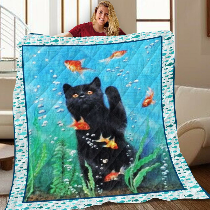 Black Cat Gold Fish JM1 NNQ131098 3D Customized Sherpa Fleece Blanket