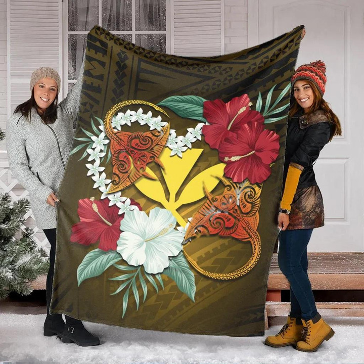 FamilyGater Blanket - Kanaka Manta Ray Plumeria Heart Polynesian Premium Blanket - Sea Flower - AH JW