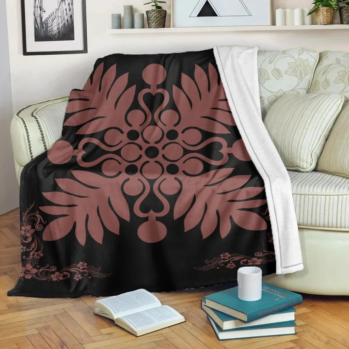 FamilyGater Blanket - Hawaiian Quilt Maui Plant And Hibiscus Premium Blanket - Coral Black - AH J8