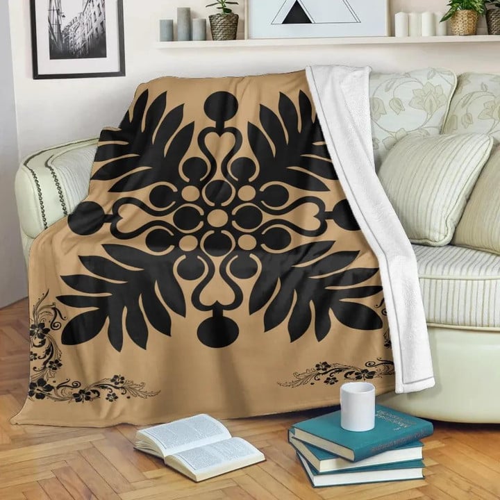FamilyGater Blanket - Hawaiian Quilt Maui Plant And Hibiscus Premium Blanket - Black Gold - AH J8