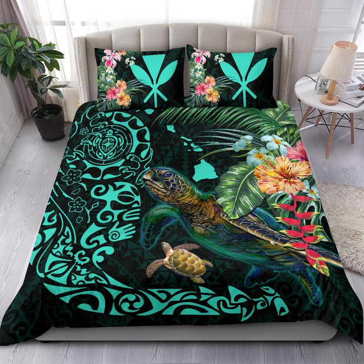 Hawaii Tiki Polynesian Bedding Set - Turtle Mix Hibiscus Turquoise K4