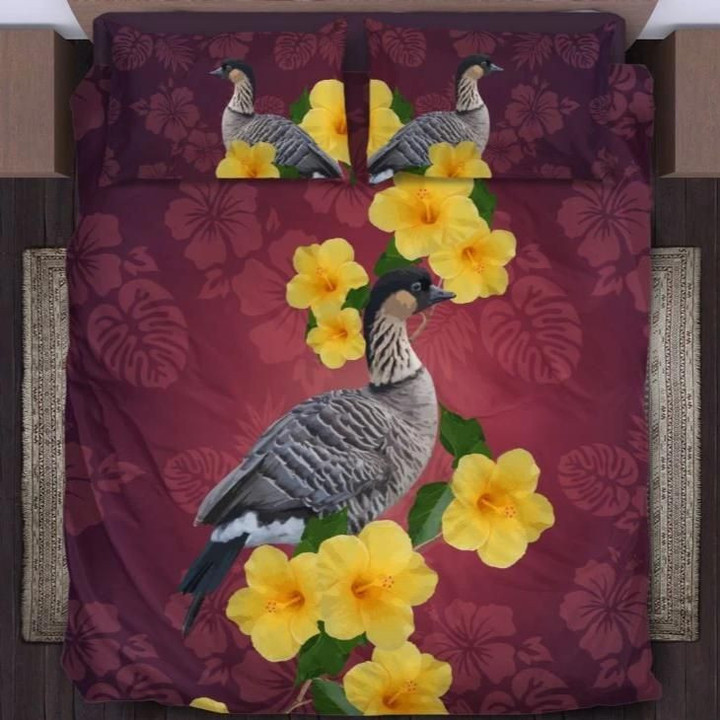 Hawaii Bedding Set, Hibiscus Nene Bird Duvet Cover And Pillow Case A0