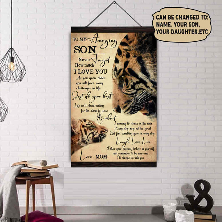 (Xh309) Customizable Tiger Hanging Canvas – Mom To Son- Never Forget.