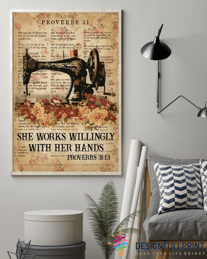 Vintage Sewing Machine She Works Willingly Love Sewing Quilting Knit Yarn Canvas Art And Poster Cm