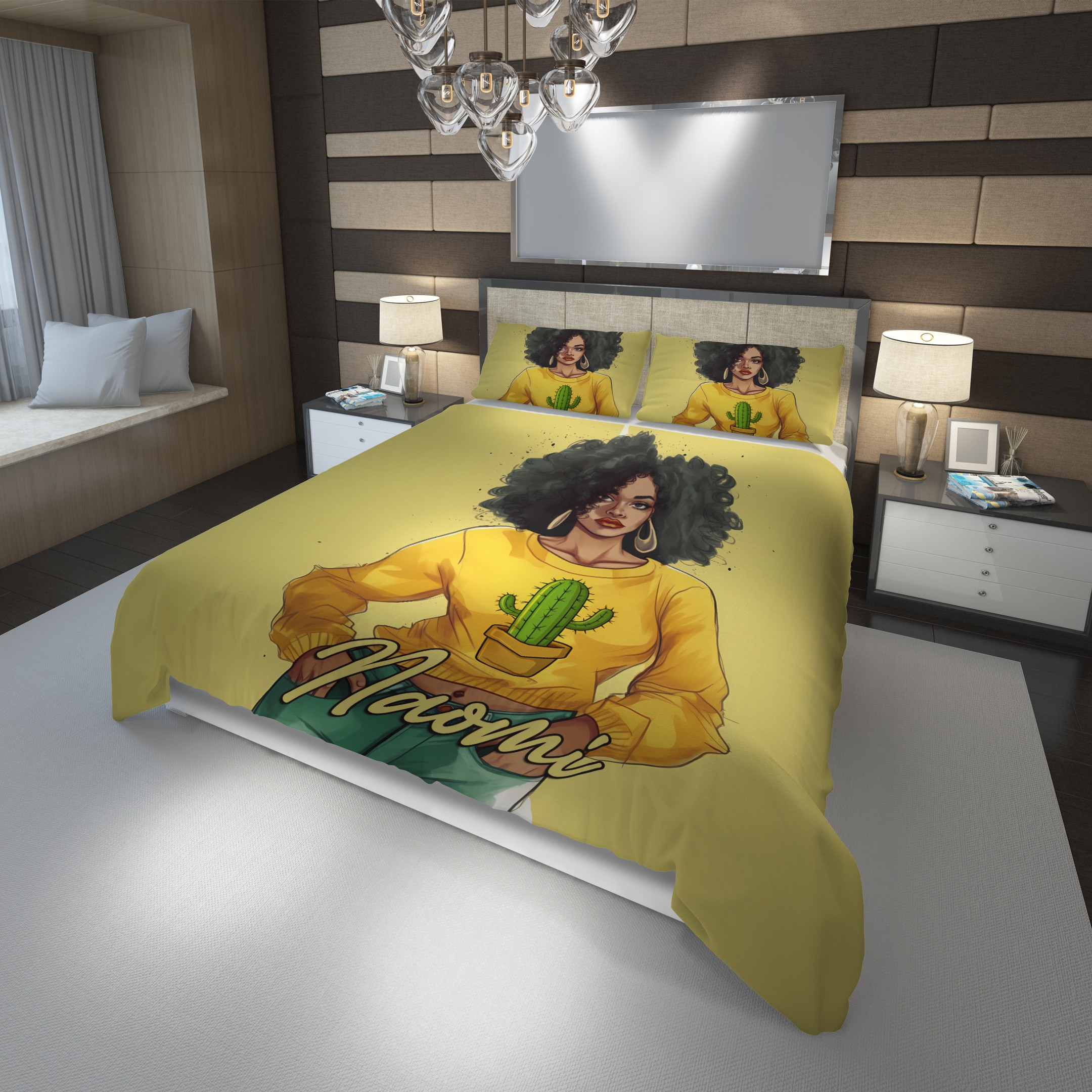 Personalized Black Girl With Cactus Duvet Cover Bedding Set