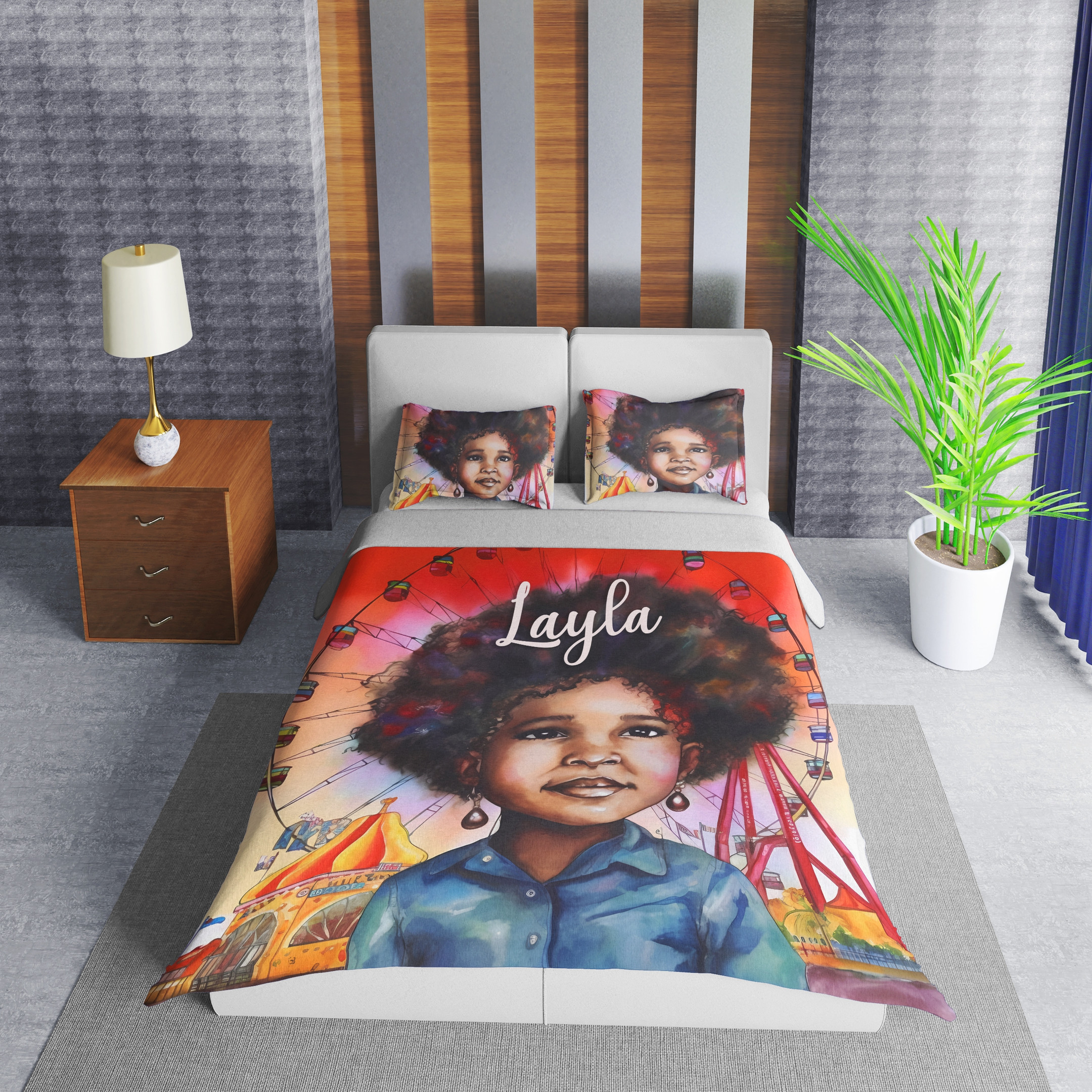 Personalized Black Baby Girl With Afro Hair Theme Park Duvet Cover Bedding Set