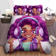 Personalized Black Girl Cute Purple Hair Wearing Headphone Duvet Cover Bedding Set