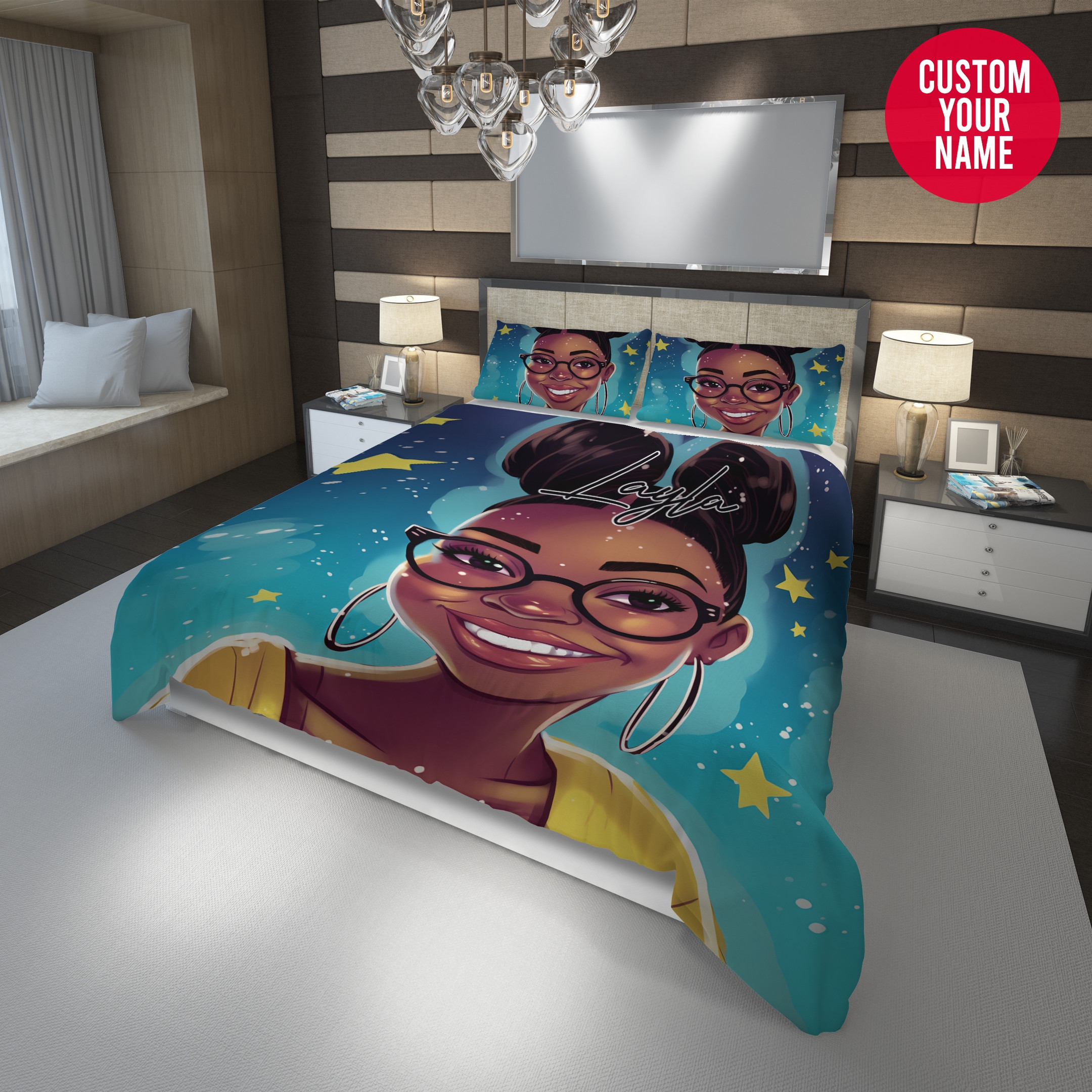 Personalized Black Girl With Space Buns Hairstyles Star Duvet Cover Bedding Set