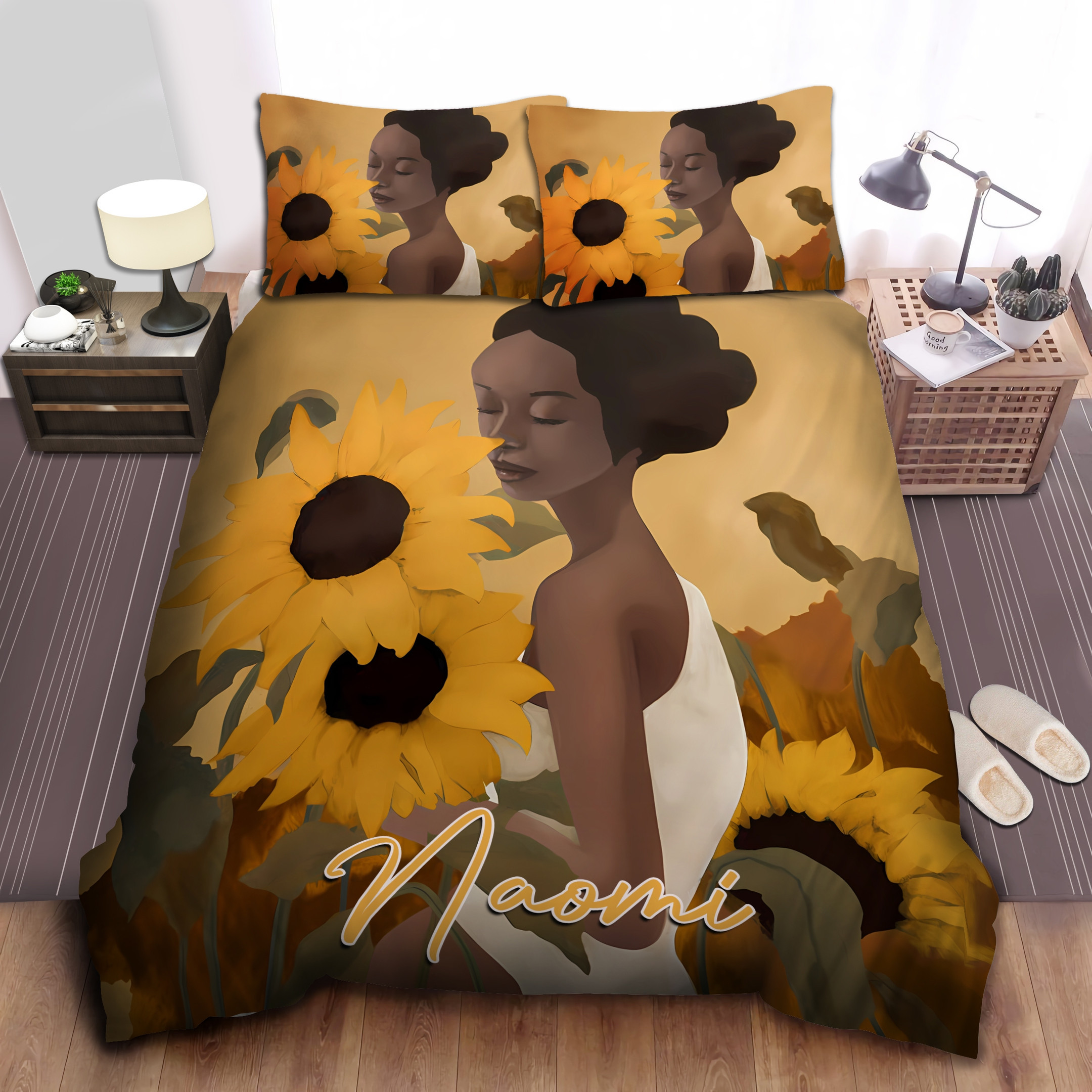 Personalized Sunflower And Black Sassy Girl Duvet Cover Bedding Set