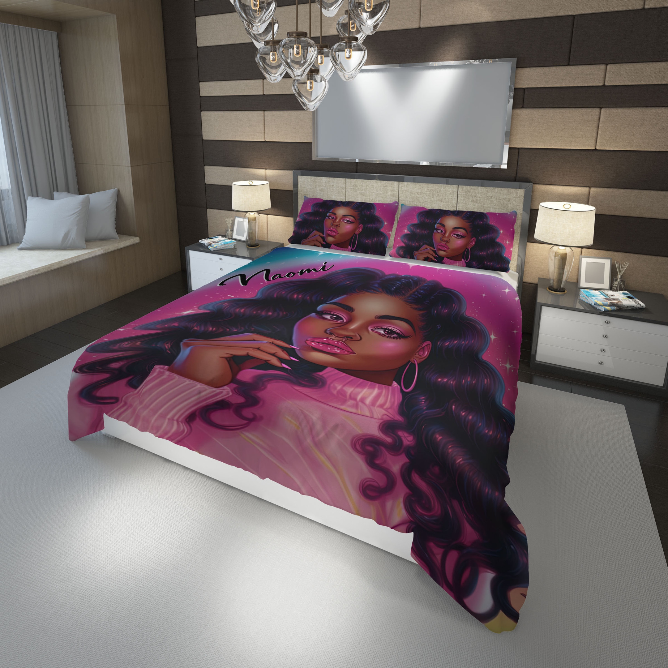 Personalized Colorful Long Hair Black Girl Duvet Cover Bedding Set