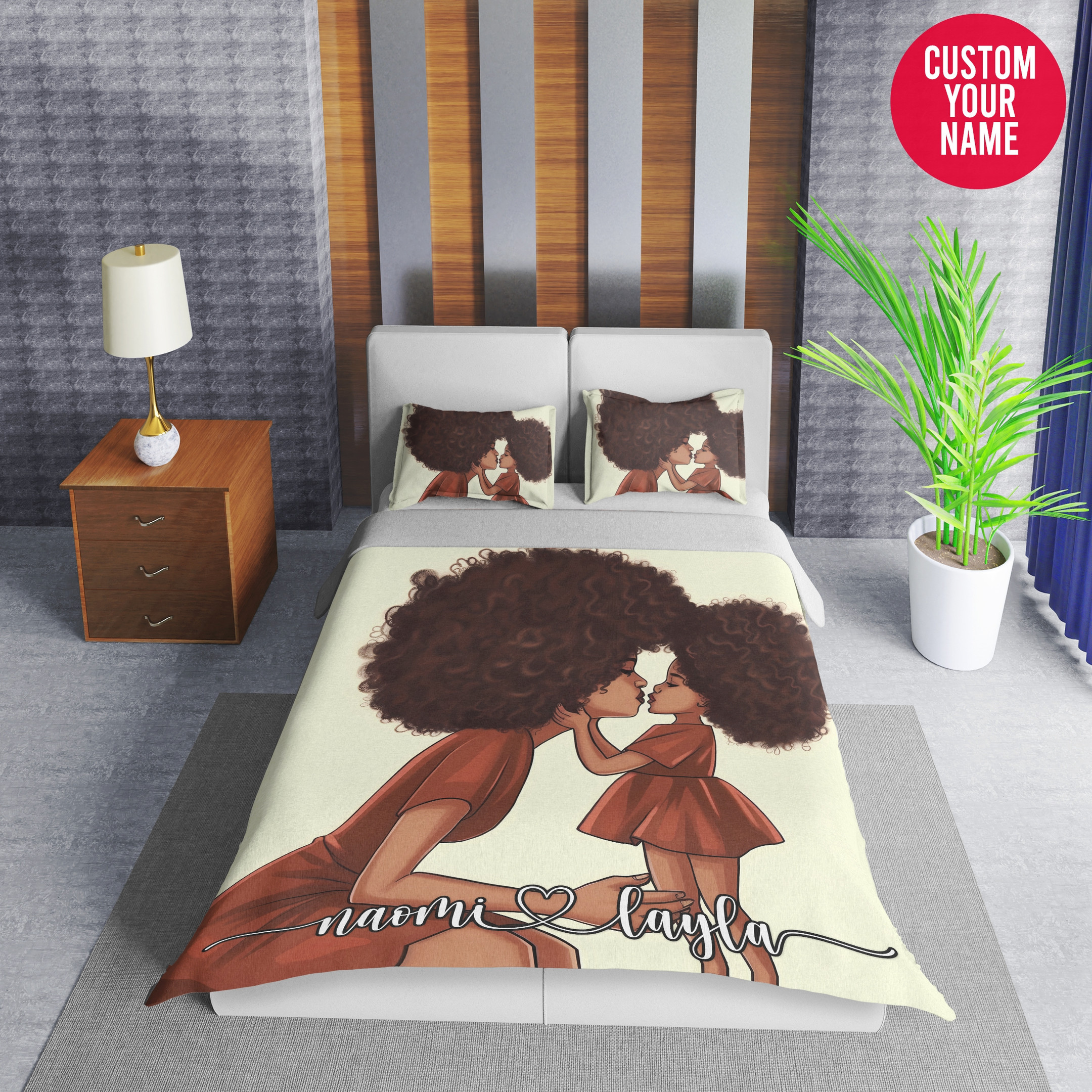 Personalized Black Little Girl Mother Kissing Daughter Duvet Cover Bedding Set