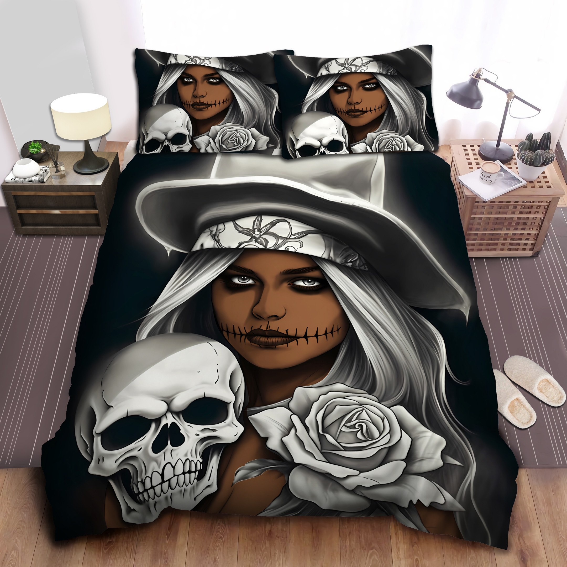 Black And White Skull And Girl Duvet Cover Bedding Set