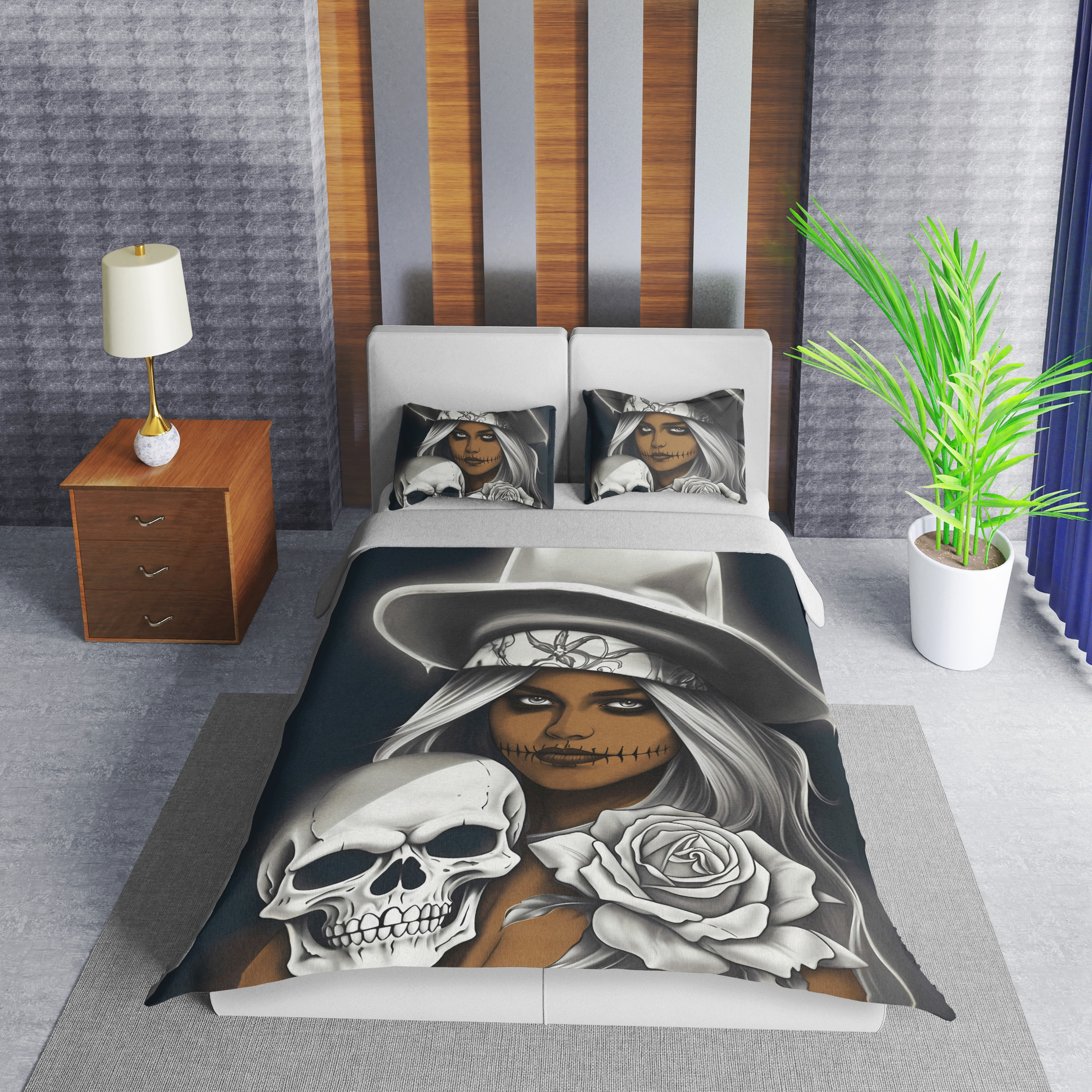 Black And White Skull And Girl Duvet Cover Bedding Set