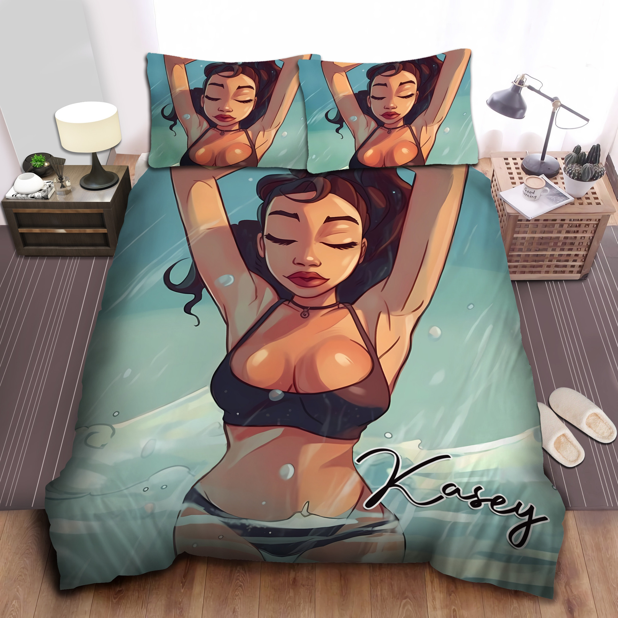 Personalized Black Sassy Girl Swimming Duvet Cover Bedding Set
