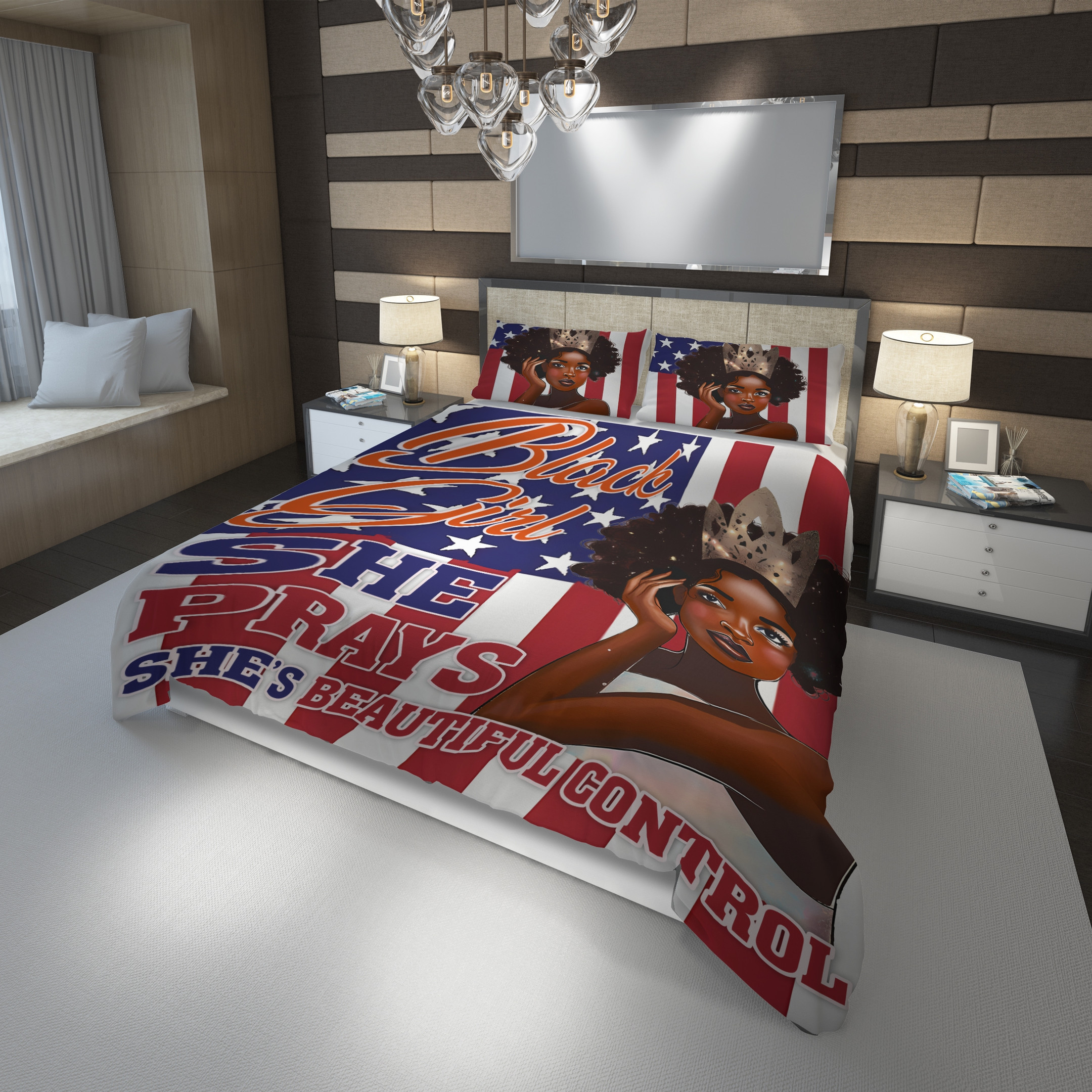 Black Girl American Flag She Prays She's Beautiful Duvet Cover Bedding Set
