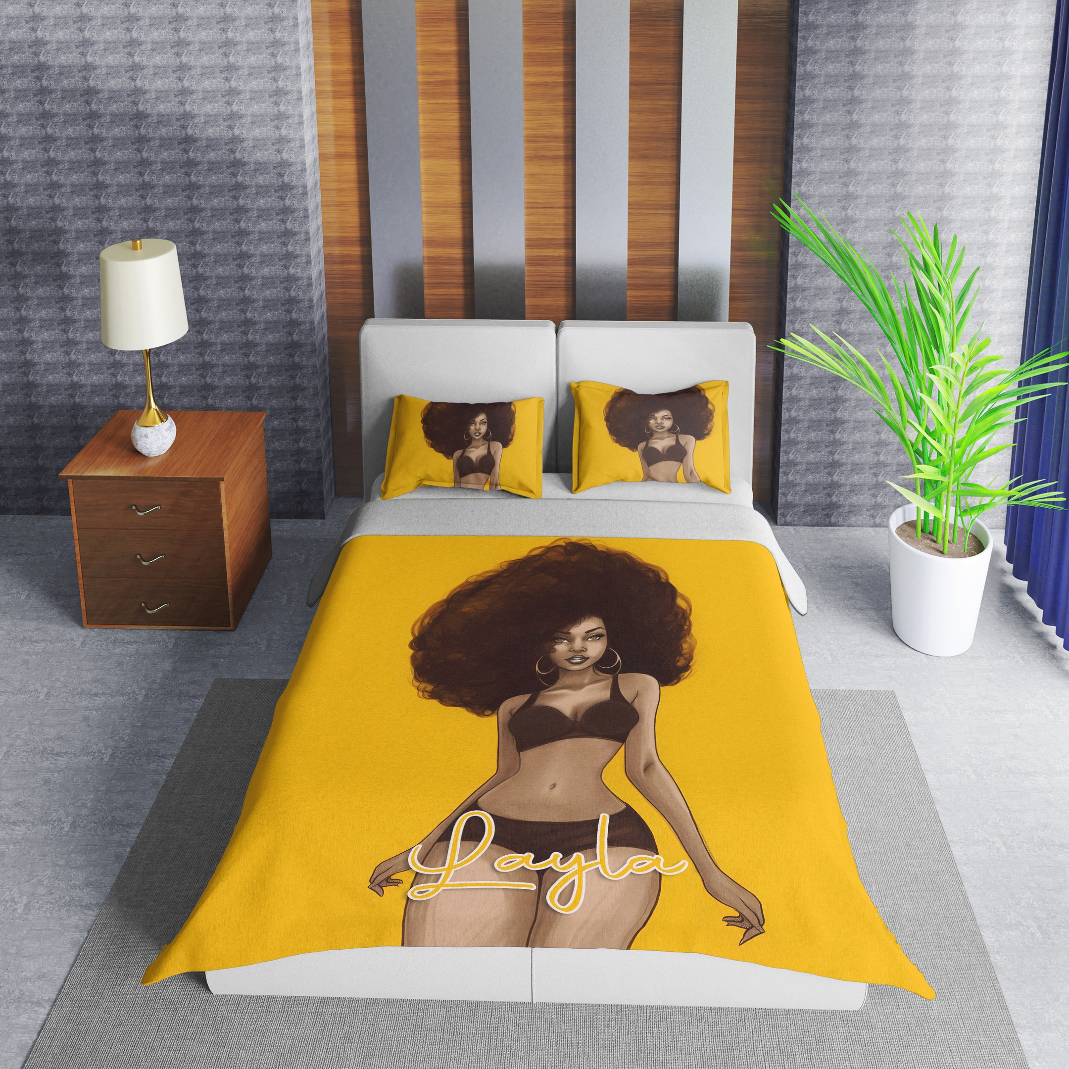 Personalized Sexy Black Girl Afro Hair Grey Duvet Cover Bedding Set