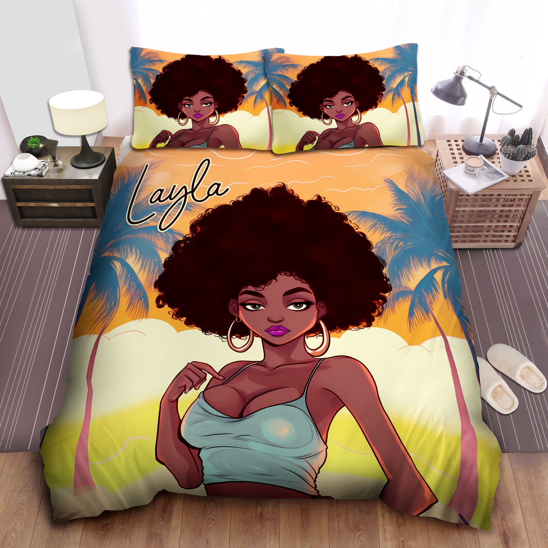 Personalized Black Girl Beach Holiday Duvet Cover Bedding Set