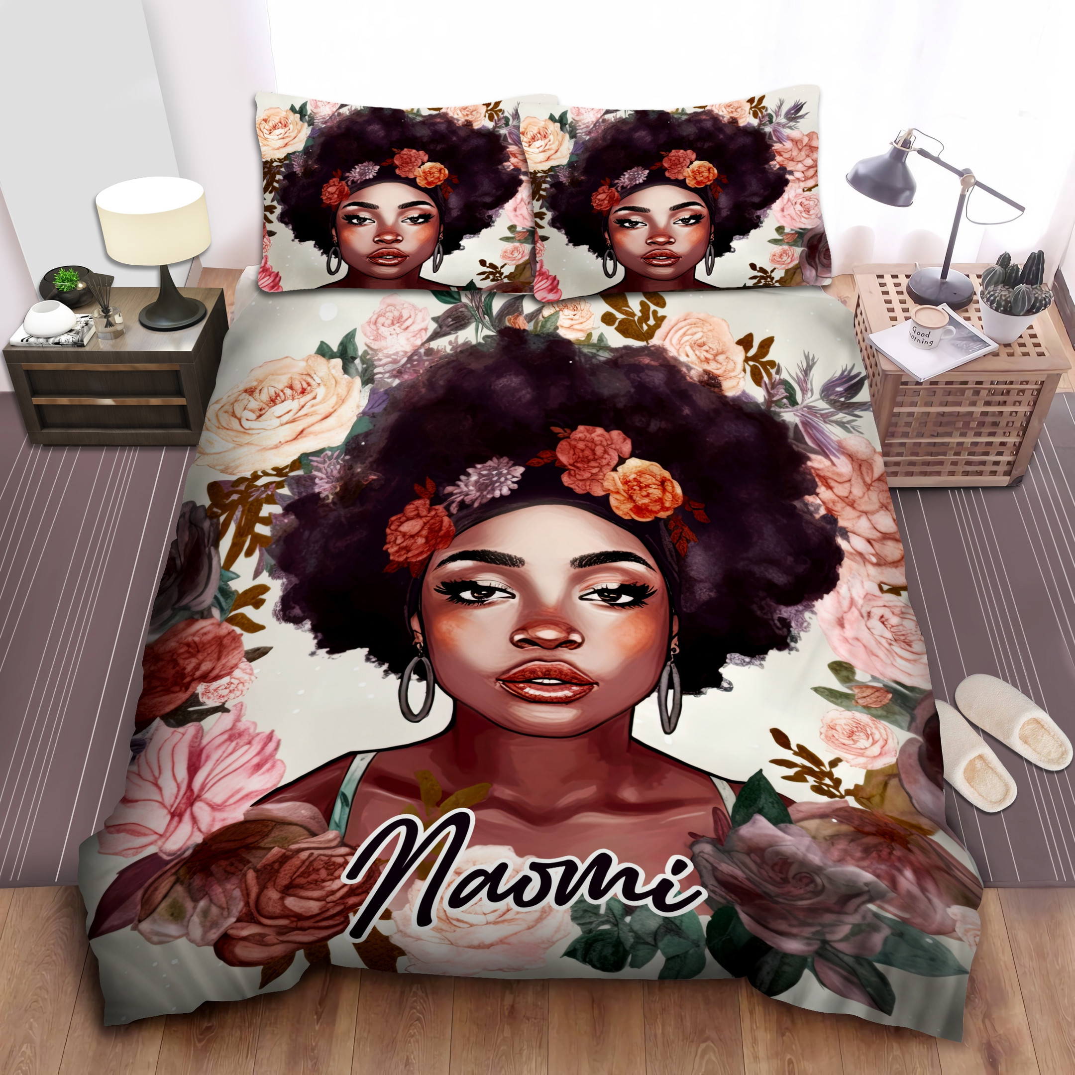 Personalized Black Girl Short Hair With Flower Duvet Cover Bedding Set
