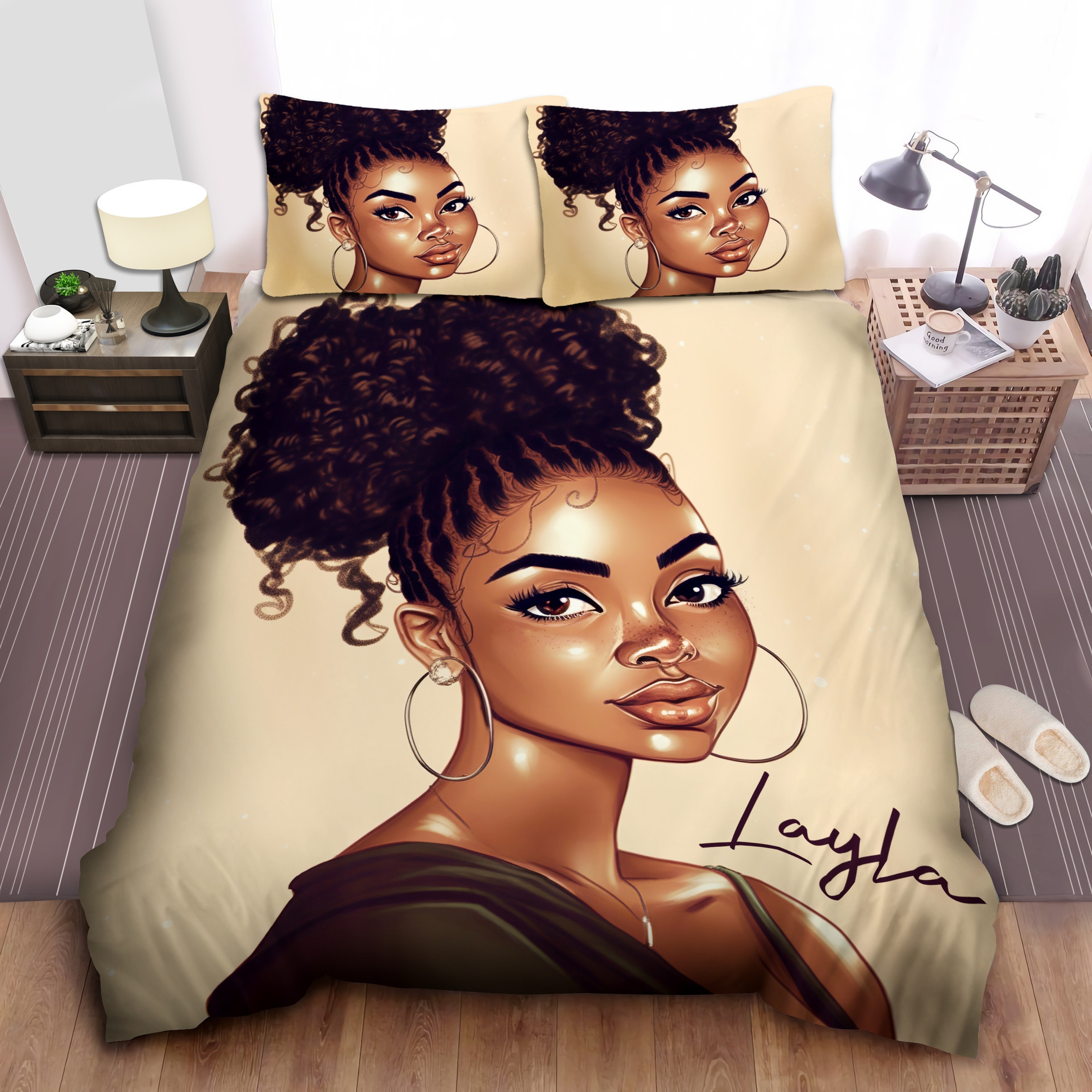 Personalized High Bun Hair Black Girl Duvet Cover Bedding Set