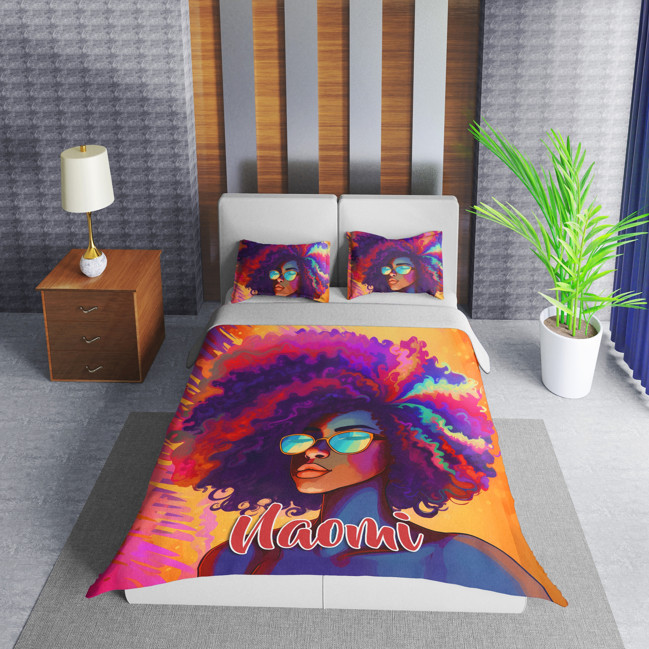 Personalized Colorful Hair Black Girl Africa American Woman Duvet Cover Bedding Set