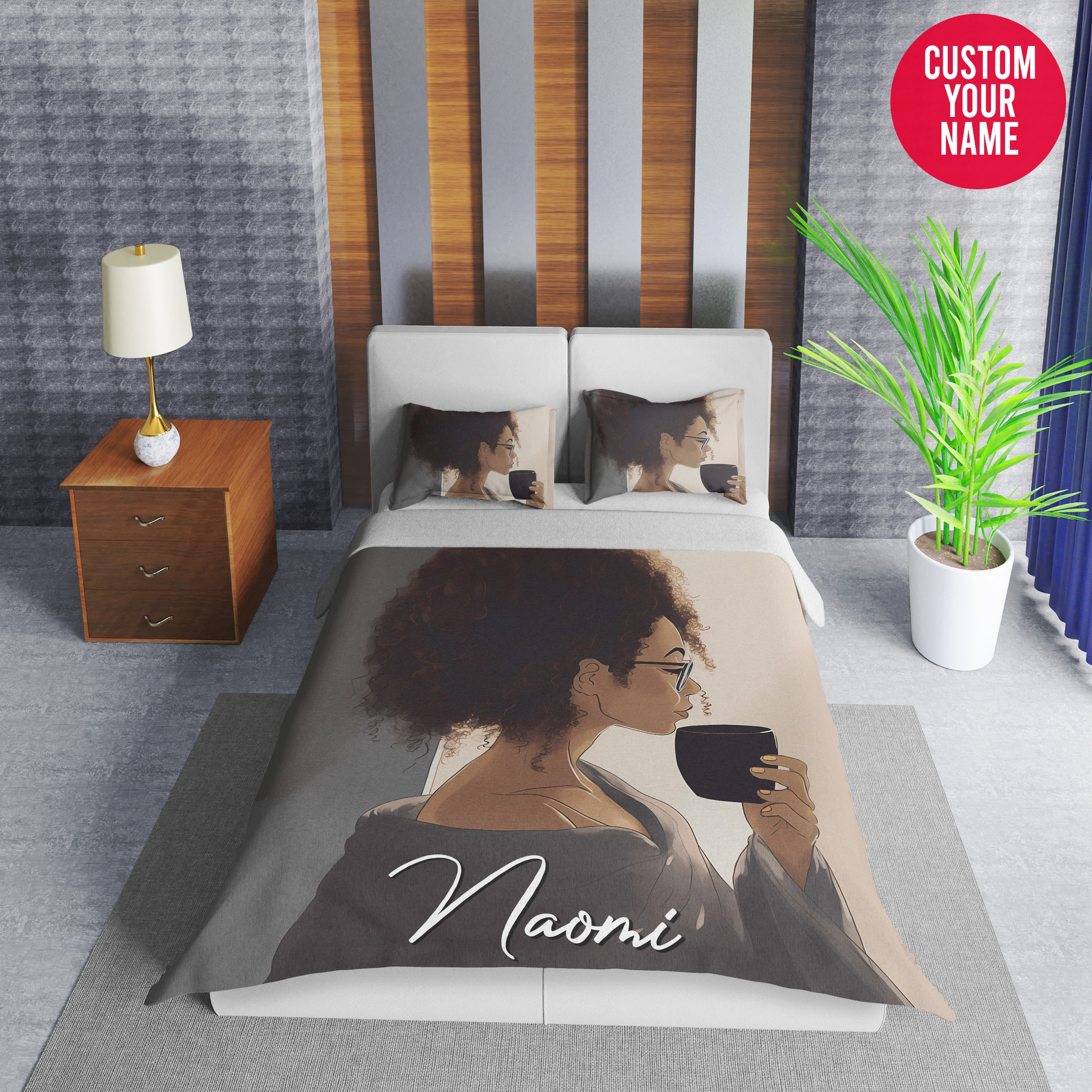 Personalized Black Girl Drinks Coffee Duvet Cover Bedding Set