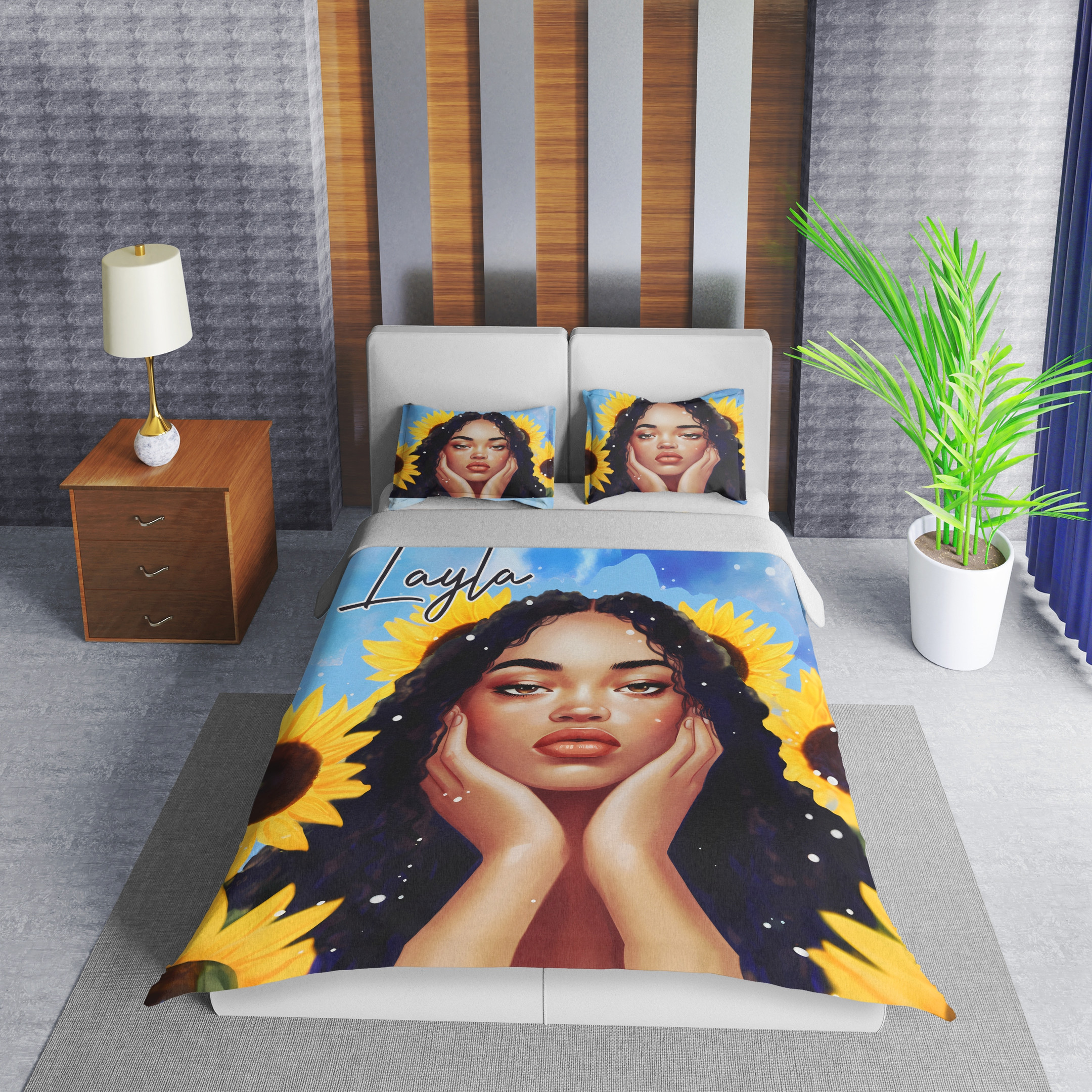 Personalized Sweet Black Girl African American Girl With Sunflower Duvet Cover Bedding Set
