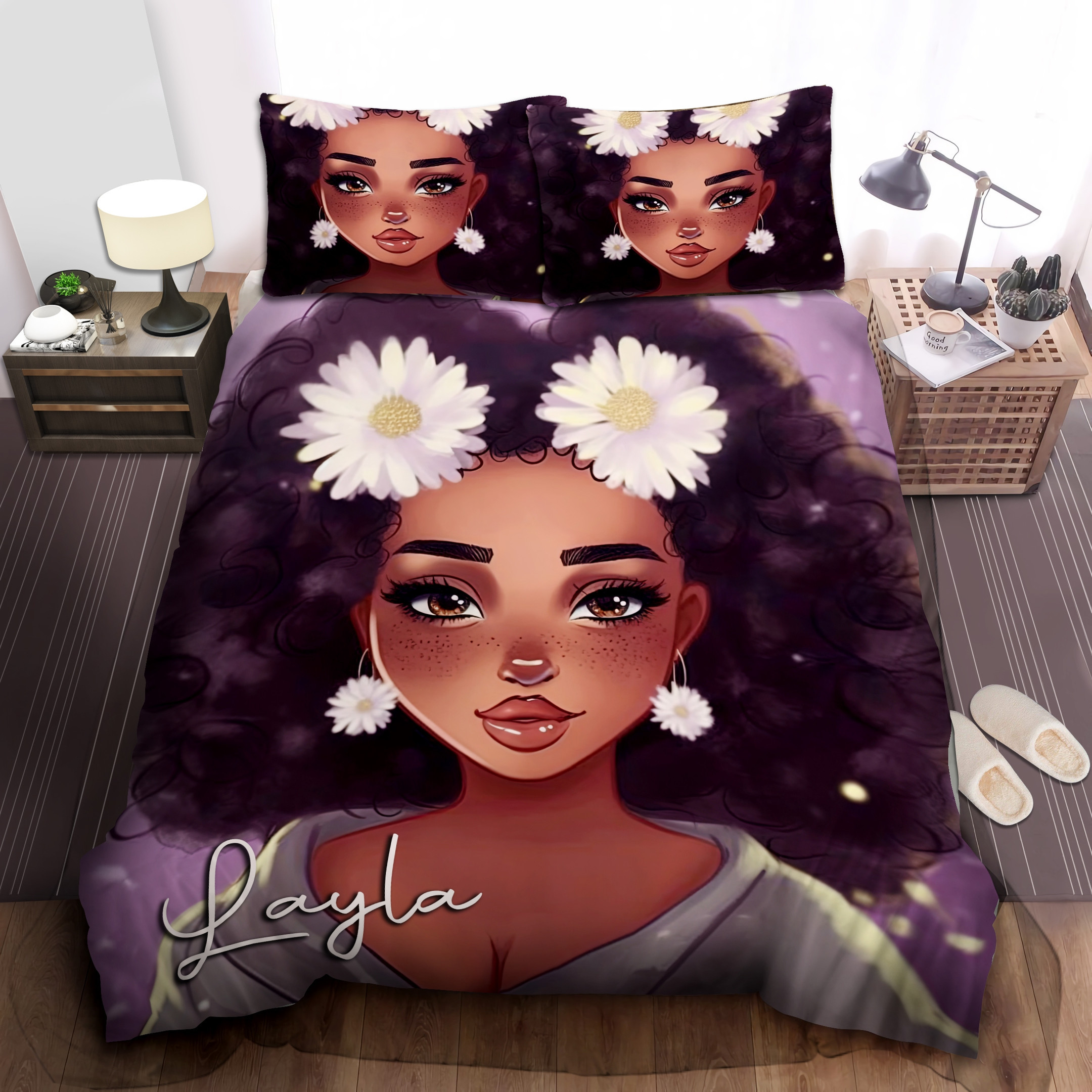 Personalized African Snapchat Black Girl With White Flower Duvet Cover Bedding Set