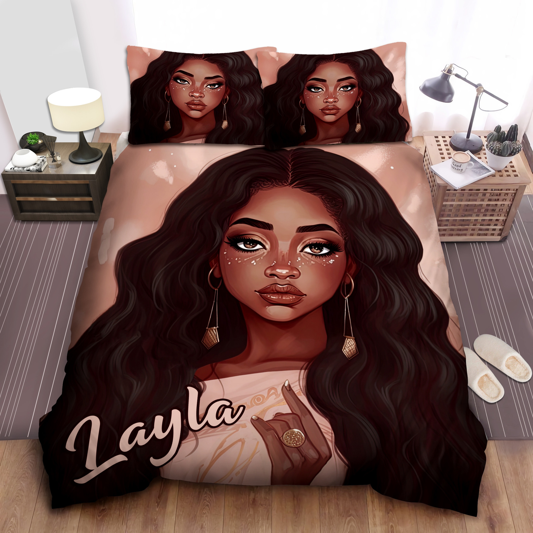 Personalized Black Girl Long Hair Duvet Cover Bedding Set
